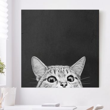 Leinwandbild - Illustration Katze Schwarz Weiß Zeichnung - Quadrat 1:1