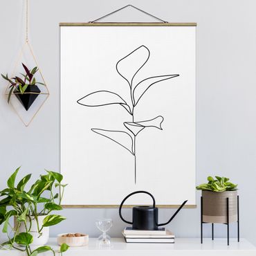 Stoffbild mit Posterleisten - Line Art Pflanze Blätter Schwarz Weiß - Hochformat 3:4