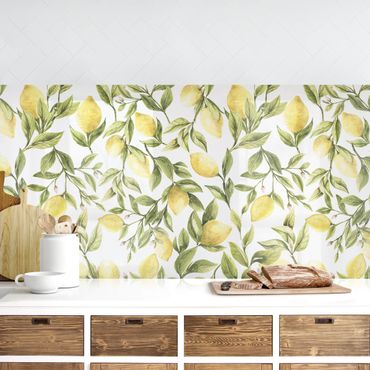 Küchenrückwand - Fruchtige Zitronen mit Blättern