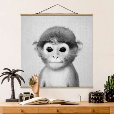 Stoffbild mit Posterleisten - Baby Affe Anton Schwarz Weiß - Quadrat 1:1