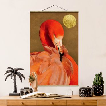 Stoffbild mit Posterleisten - Goldener Mond mit Flamingo - Hochformat 2:3