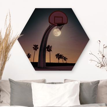 Hexagon Bild Holz - Basketball mit Mond