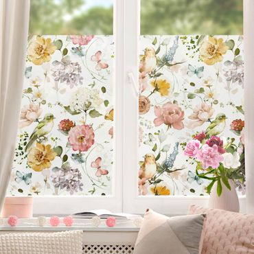 Fensterfolie - Sichtschutz - Blüten mit Vögel Pattern - Fensterbilder