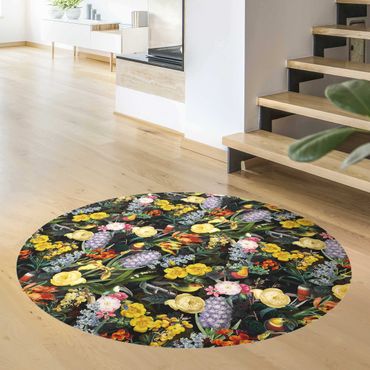 Runder Vinyl-Teppich - Blumen mit Tropischen Vögeln Bunt