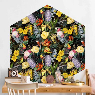 Hexagon Mustertapete selbstklebend - Blumen mit Tropischen Vögeln Bunt