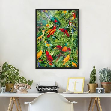 Bild mit Rahmen - Bunte Collage - Papageien im Dschungel - Hochformat 3:4