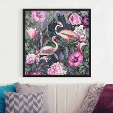 Bild mit Rahmen - Bunte Collage - Pinke Flamingos im Dschungel - Quadrat 1:1