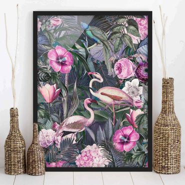 Bild mit Rahmen - Bunte Collage - Pinke Flamingos im Dschungel - Hochformat 3:4