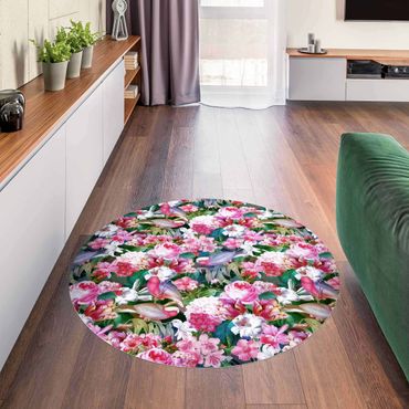 Runder Vinyl-Teppich - Bunte Tropische Blumen mit Vögeln Pink