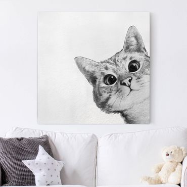 Leinwandbild - Illustration Katze Zeichnung Schwarz Weiß - Quadrat 1:1