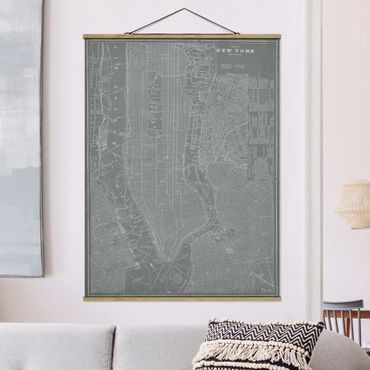 Stoffbild mit Posterleisten - Vintage Stadtplan New York Manhattan - Hochformat 3:4