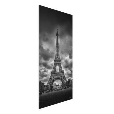 Forex Fine Art Print - Eiffelturm vor Wolken schwarz-weiß - Hochformat 2:1