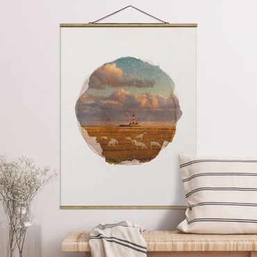 Stoffbild mit Posterleisten - Wasserfarben - Nordsee Leuchtturm mit Schafsherde - Hochformat 3:4