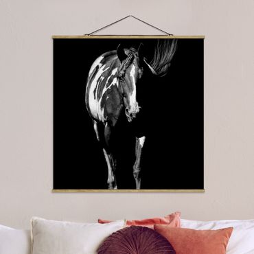 Stoffbild mit Posterleisten - Pferd vor Schwarz - Quadrat 1:1