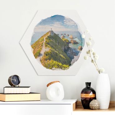 Hexagon Bild Forex - Wasserfarben - Nugget Point Leuchtturm und Meer Neuseeland