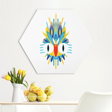 Hexagon-Alu-Dibond Bild - Collage Ethno Maske - Vogel Federn