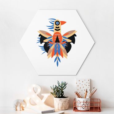 Hexagon-Alu-Dibond Bild - Collage Ethno Monster - Federn