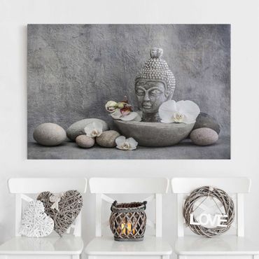 Leinwandbild - Zen Buddha, Orchideen und Steine - Querformat 2:3