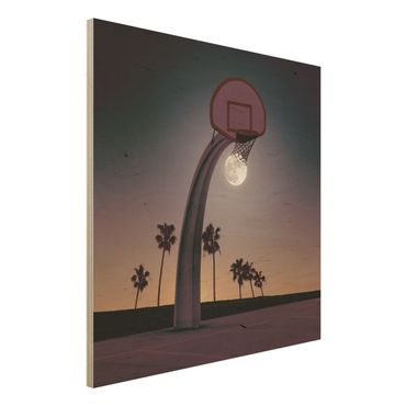 Holzbild - Jonas Loose - Basketball mit Mond - Quadrat 1:1