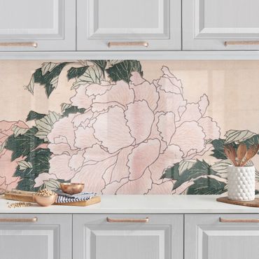 Küchenrückwand - Katsushika Hokusai - Rosa Pfingstrosen mit Schmetterling