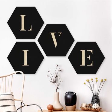 Hexagon Bild Holz 4-teilig - Buchstaben LIVE Weiß Set II