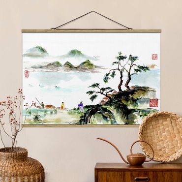 Stoffbild mit Posterleisten - Japanische Aquarell Zeichnung See und Berge - Querformat 3:2