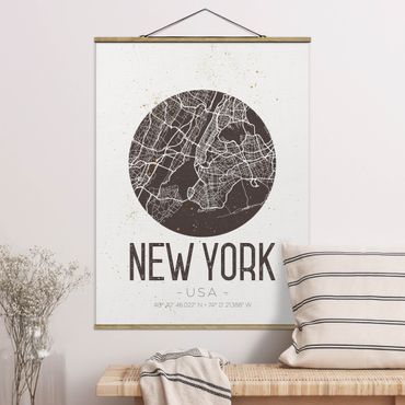 Stoffbild mit Posterleisten - Stadtplan New York - Retro - Hochformat 3:4