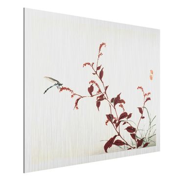 Aluminium Print gebürstet - Asiatische Vintage Zeichnung Roter Zweig mit Libelle - Querformat 3:4
