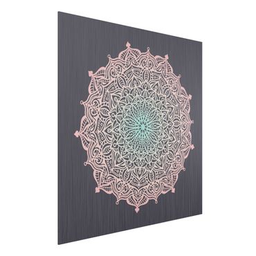 Aluminium Print gebürstet - Mandala Ornament in Rose und Blau - Quadrat 1:1
