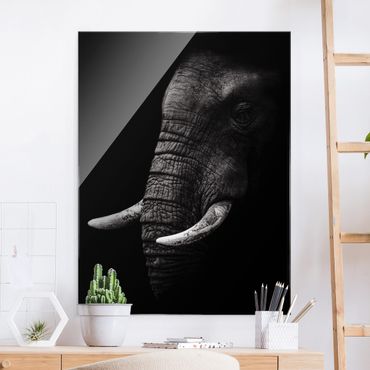 Glasbild - Dunkles Elefanten Portrait - Hochformat 4:3