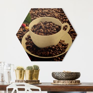 Hexagon Bild Alu-Dibond - Kaffeetasse mit gerösteten Kaffeebohnen