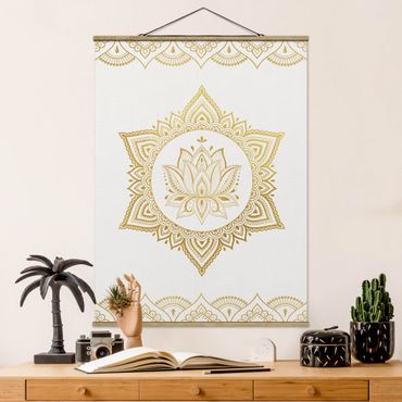 Stoffbild mit Posterleisten - Mandala Lotus Illustration Ornament weiß gold - Hochformat 3:4