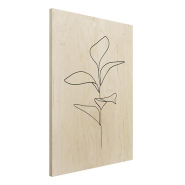 Holzbild - Line Art Pflanze Blätter Schwarz Weiß - Hochformat 4:3