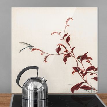 Glas Spritzschutz - Asiatische Vintage Zeichnung Roter Zweig mit Libelle - Quadrat - 1:1