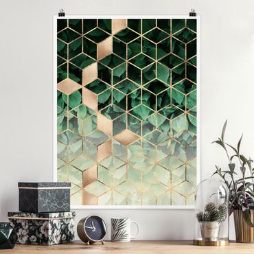 Poster - Grüne Blätter goldene Geometrie - Hochformat 4:3