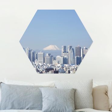 Hexagon Bild Alu-Dibond - Tokio vor dem Fuji