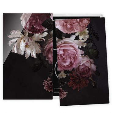 Herdabdeckplatte Glas - Rosa Blumen auf Schwarz - 52x60cm