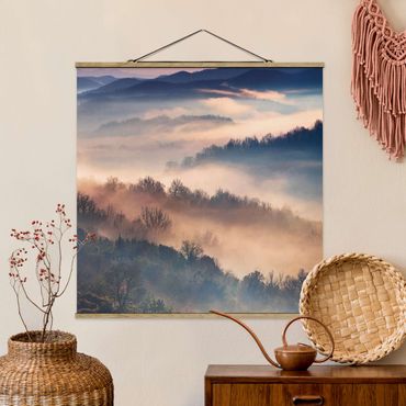 Stoffbild mit Posterleisten - Nebel bei Sonnenuntergang - Quadrat 1:1