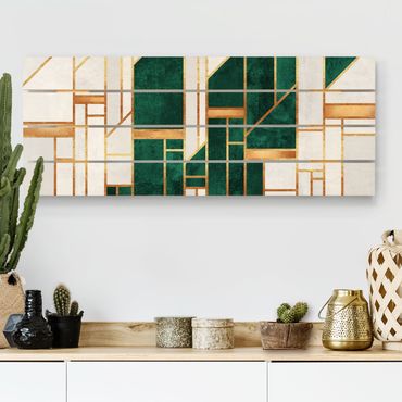 Holzbild - Emerald und Gold Geometrie - Panorama