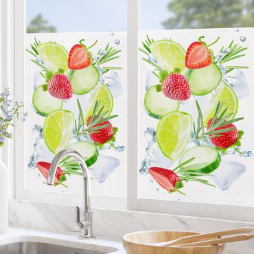 Fensterfolie - Sichtschutz - Erdbeeren Limetten Eiswürfel Splash - Fensterbilder