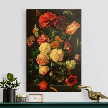Leinwandbild Gold - Jan Davidsz de Heem - Stillleben mit Blumen in einer Glasvase - Hochformat 3:2