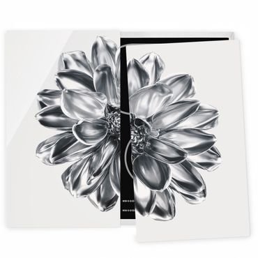 Herdabdeckplatte Glas - Dahlie Blume Silber Metallic - 52x60cm