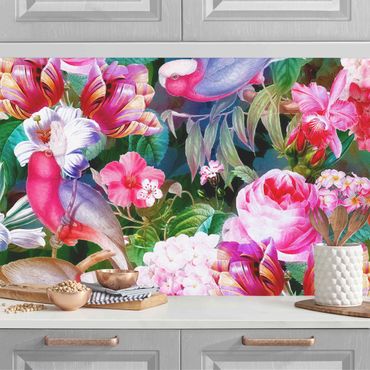Küchenrückwand - Bunte Tropische Blumen mit Vögeln Pink