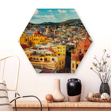 Hexagon Bild Holz - Bunte Häuser Guanajuato
