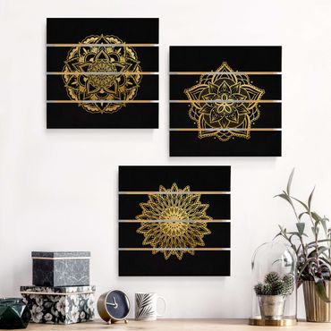Holzbild 3-teilig - Mandala Blüte Sonne Illustration Set Schwarz Gold - Quadrate 1:1