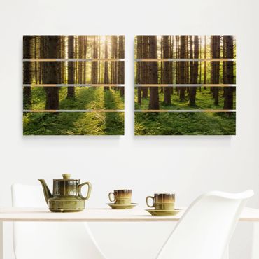 Holzbild 2-teilig - Sonnenstrahlen in grünem Wald - Quadrate 1:1