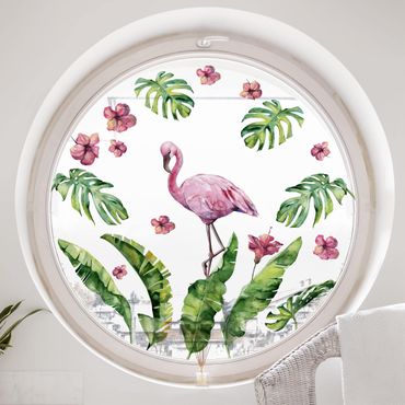 Fensterfolie Fenstersticker - Dschungel Flamingo Blätter Set