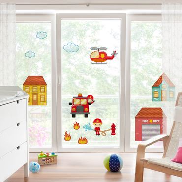 Fensterfolie - Fenstersticker - Feuerwehr-Set mit Häusern