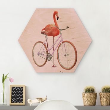 Hexagon Bild Holz - Flamingo mit Fahrrad