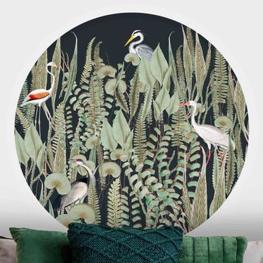 Runde Tapete selbstklebend - Flamingo und Storch mit Pflanzen auf Grün